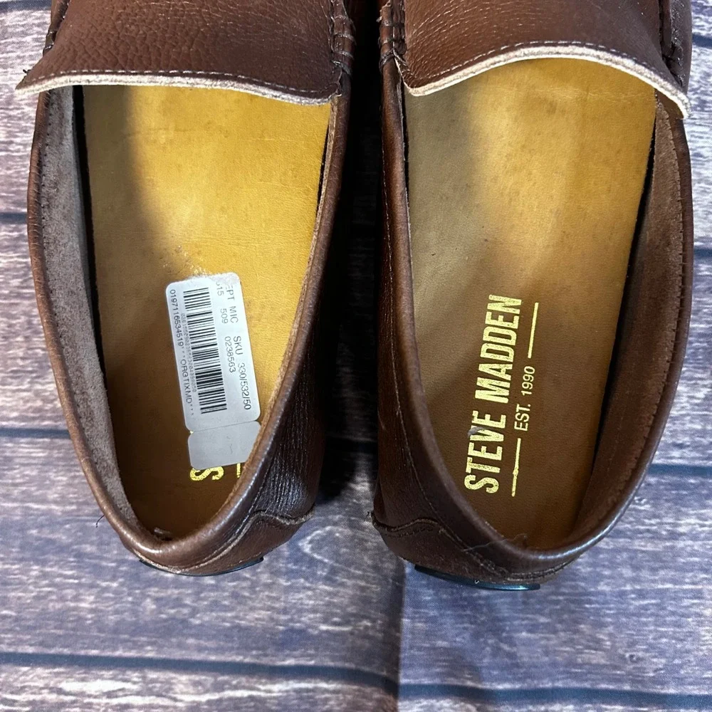 Steve Madden Bernie Mens Brown Pebbled Leather Driving Loafers BERN01M1 Size 10